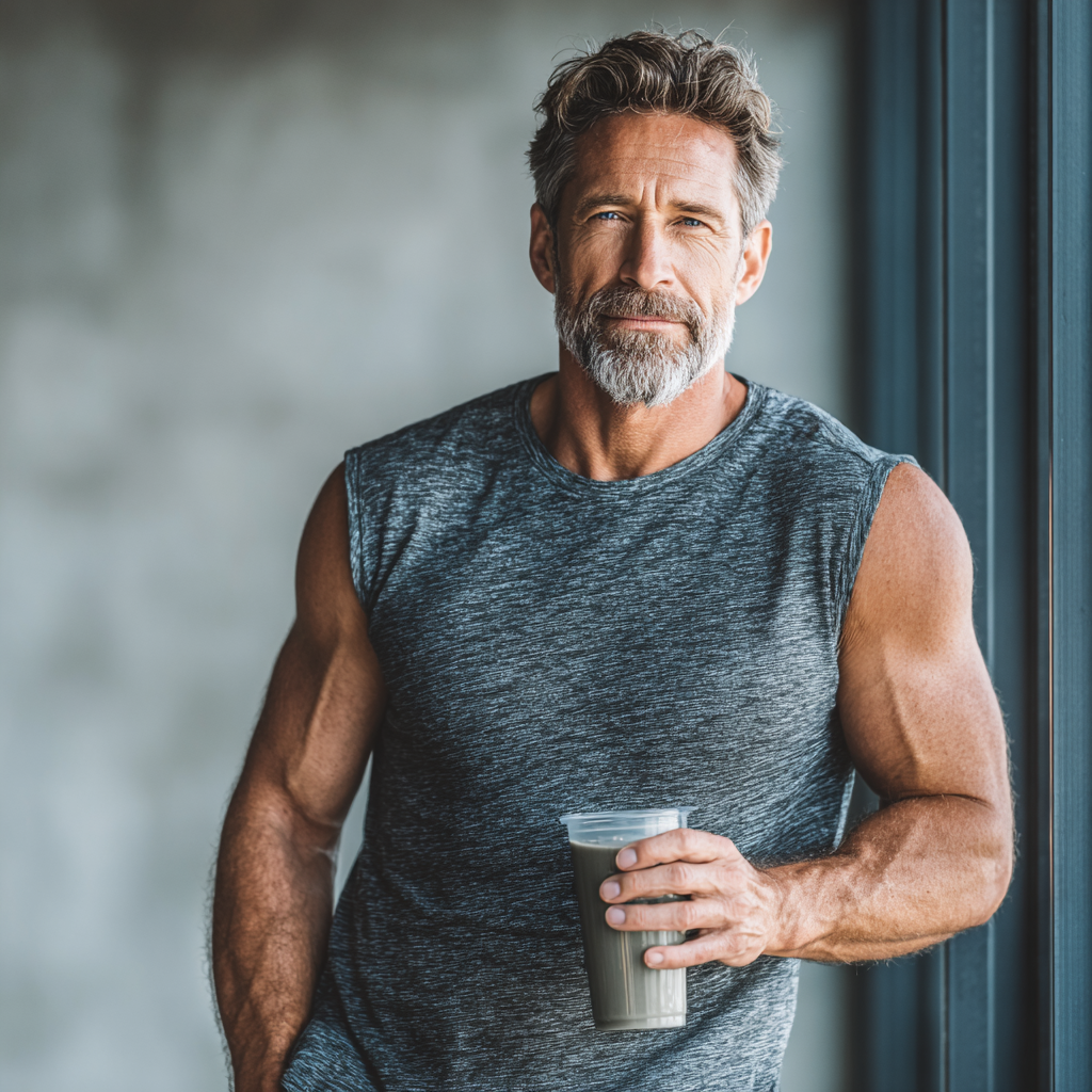 Athletic man in his 40s in workout clothes holding a healthy post-workout smoothie, standing in a bright fitness room with natural lighting