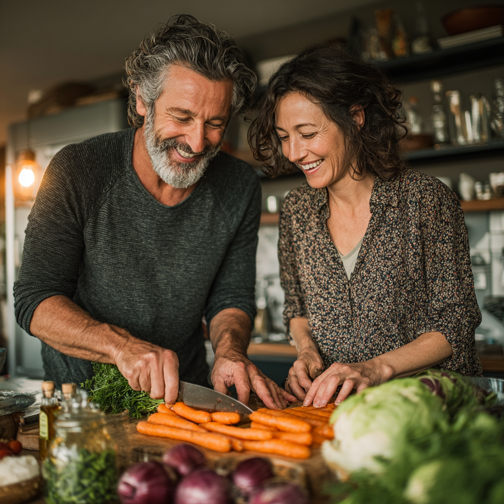 Happy couple in their late 40s cooking together in a well-lit kitchen, preparing fresh vegetables and enjoying healthy meal preparation