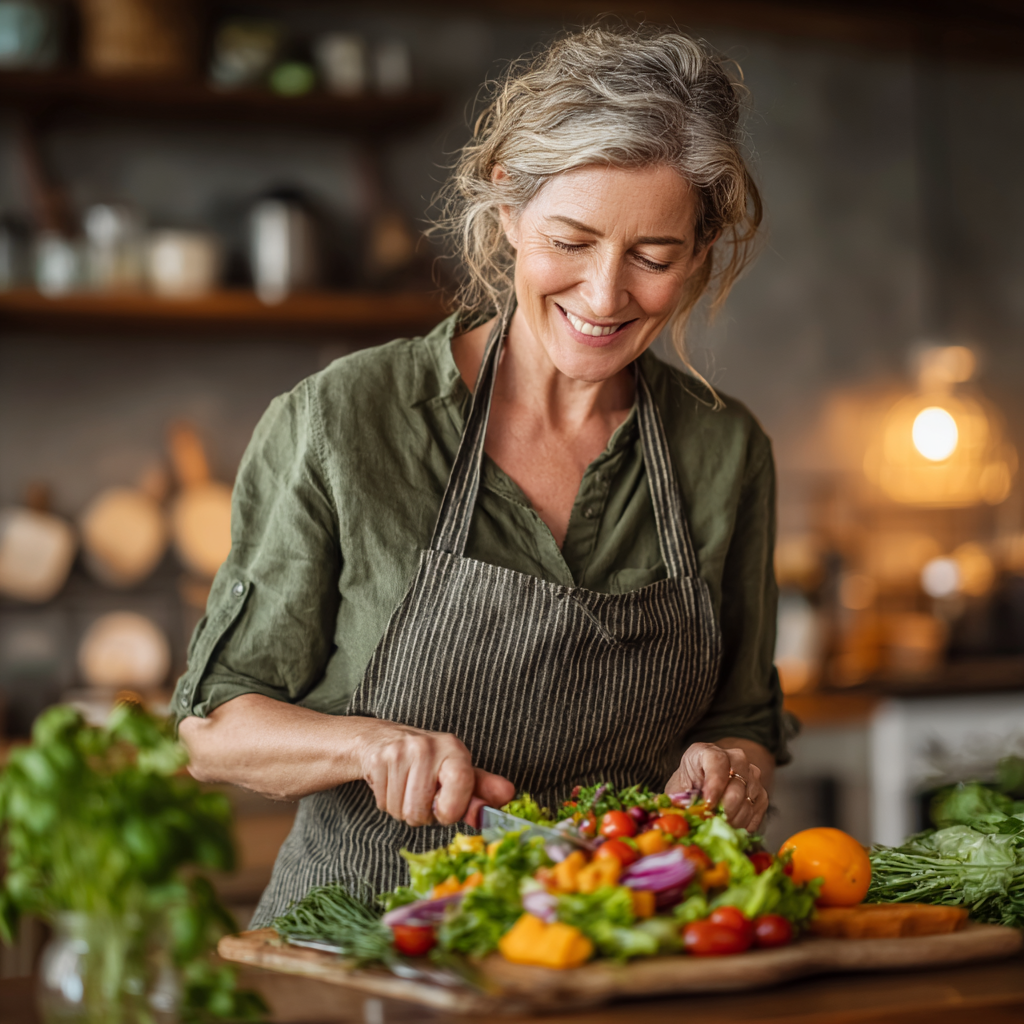 Middle-aged woman in her 50s smiling while preparing a colorful, healthy salad in a modern kitchen, wearing a casual green apron
